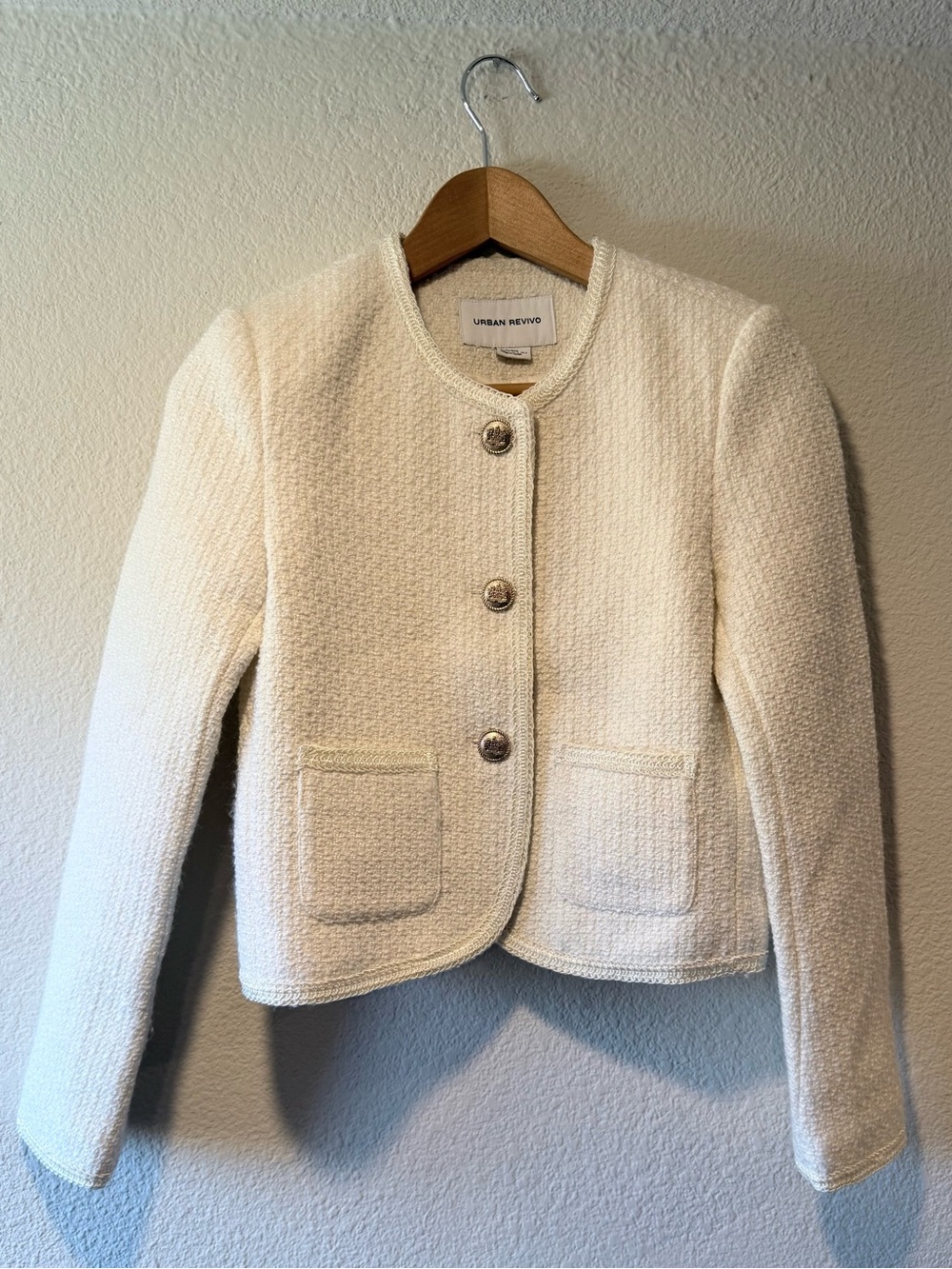 URBAN REVIVO Cream Tweed Button-Front Jacket
